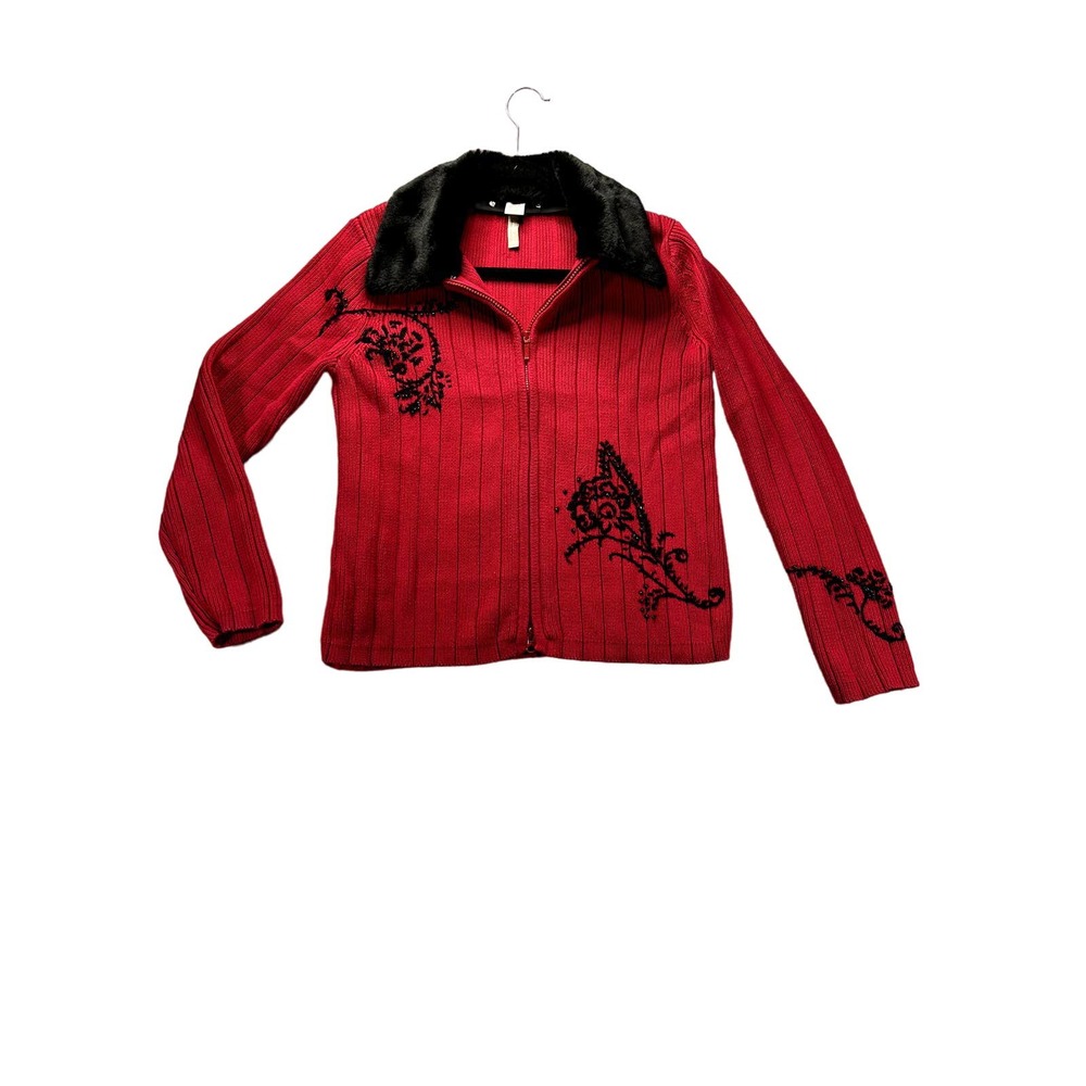 Hanna Anderson womans cable knit embroidered fur collar size medium